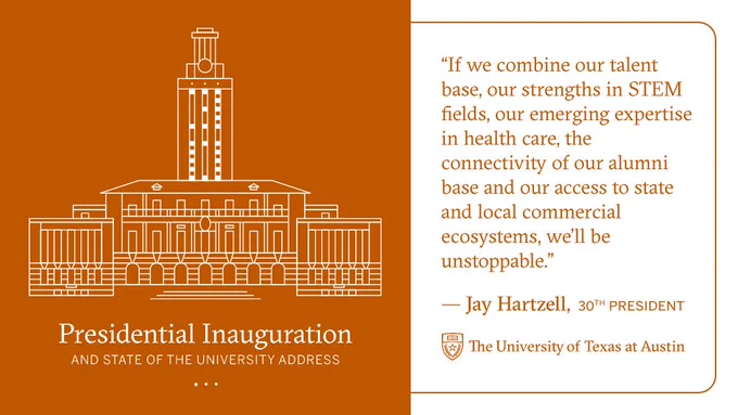 Text on image is a quote attributed to President Jay Hartzell. It says "There’s no reason that we shouldn’t be one of the world’s leading academic engines for innovation, new companies, and future jobs. If we combine our talent base, our strengths in STEM fields, our emerging expertise in health care, the connectivity of our alumni base and our access to state and local commercial ecosystems, we’ll be unstoppable.”