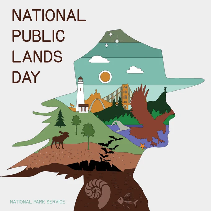 Graphic with text reading "National Public Lands Day. National Park Service". Illustration is a silhouette of a park ranger filled with a collage of park-related images of cultural sites, wildlife, fossils, and more.