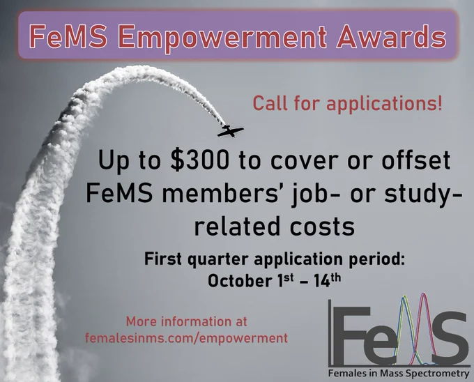 FeMS Empowerment Awards call for applications. Up to $300 to cover or offset FeMS members' job- or study-related costs. First quarter application period: Oct 1st-14th. More information at femalesinms.com/empowerment