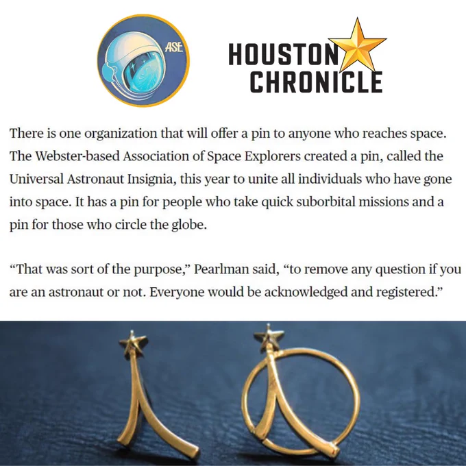 ASE and Houston Chronicle logos with quote from Houston Chronicle article and image of Universal Astronaut Insignia pins