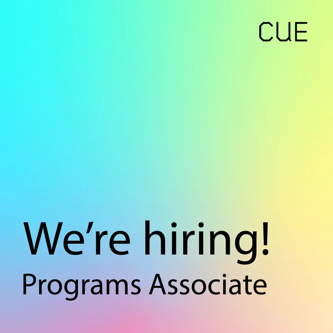 On blue, purple, green, and yellow gradient in black text reads: We're hiring! Programs Associate