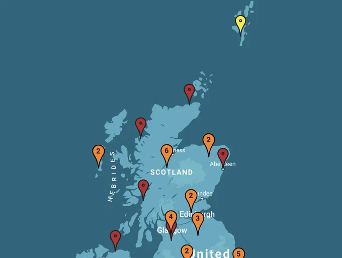 Map of Scotland with fun palaces marked from Shetland to Glasgow and the Western Isles! 