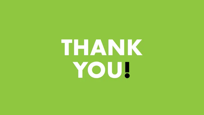 [Image description: Thank you! Written in bold white text on a green background]