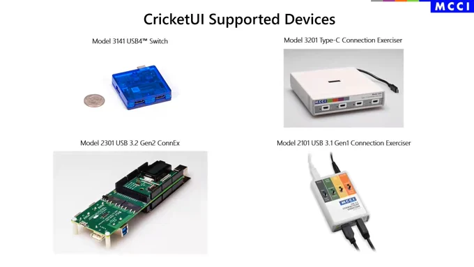 Photos of MCCI's USB switches: the two port Model 3141 USB4 switch, the 4 port Model 3201 Type-C switch, the 4 port Model 2301 USB 3.2 gen2 switch, and the one-port Model 2101 USB 3.2 gen1 switch.