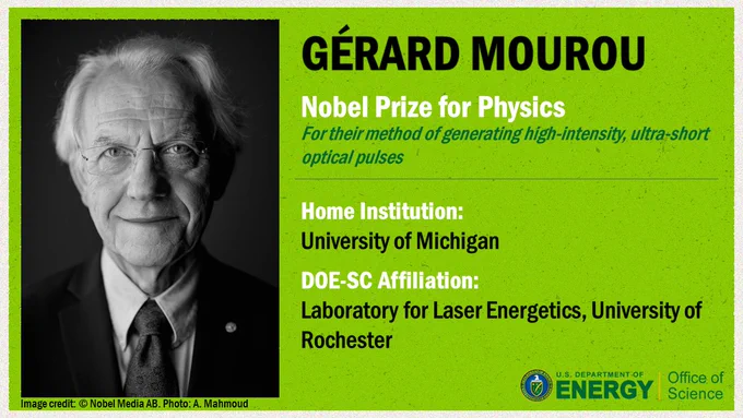 Gerard Mourou - Nobel Prize for Physics, For their method of generating high-intensity, ultra-short optical pulses; Home institution: University of Michigan; DOE-SC affiliation: Laboratory for Laser Energetics, University of Rochester