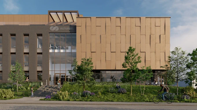 Artist's concept of the new Lancaster University School of Mathematics building's entrance, surrounded by trees, cyclists, and pedestrians. 