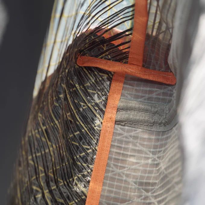The interior of a bag made from sail fabric. 