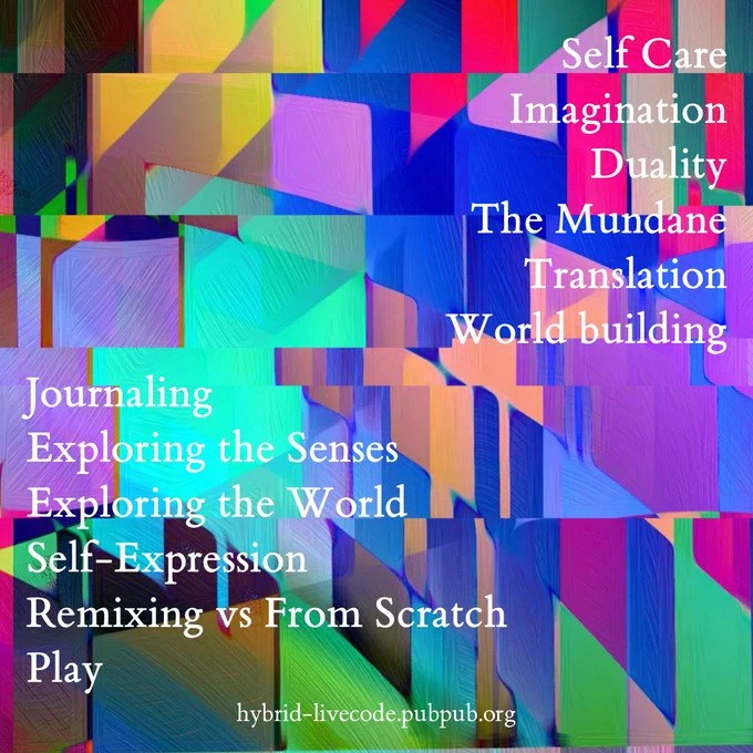 Self Care

Imagination

Duality

The Mundane

Translation

World building

Journaling

Exploring the Senses

Exploring the World

Self-Expression

Remixing vs From Scratch

Play