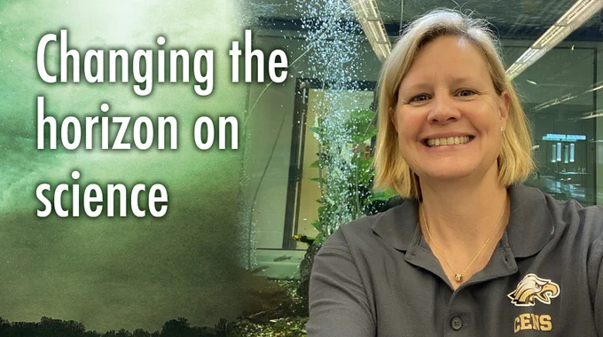 Dr. Jessica Doiron pictured on right. Text on left reads: Changing the horizon on science.