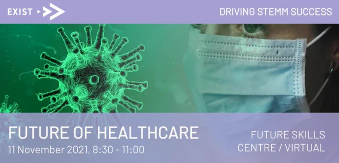 Promo flyer for event about Future of Healthcare 11th November 2021 0830-1100 organised by 'EXIST'
