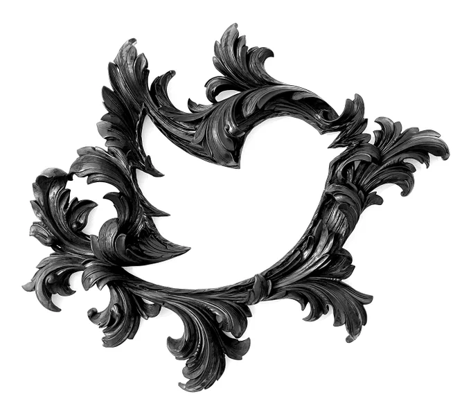 Twitroque Mirror, 2021.
Twitroque Wall Mirror is a unique fusion of classic Baroque esthetics and modern days tech icon Twitter. 

Wood, 82 x 73 x 5 cm. Limited edition. 