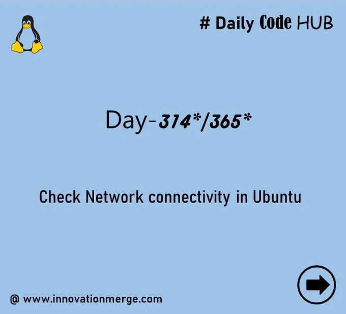 	 Day 314 - "iNNovationMerge DailyCodeHub"

	"Refresh Revise Reshare"

Theme : Networking operations in Linux

# Check Network connectivity in Ubuntu

#Ubuntu #Linux #network 

Reference: https://www.redhat.com/sysadmin/7-great-network-commands

Visit Github: https://github.com/innovationmerge/DailyCodeHub2020

