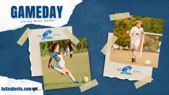 Pictures of men's and women's soccer players "taped" to textured background. Gameday with Sea Devils Soccer. Women's Soccer vs. Patrick Henry at 3 PM. Men's Soccer at Patrick Henry at 4 PM.