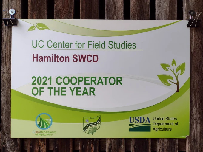 Close-up of the award sign stating UC Center for Field Studies is the Hamilton SWCD Cooperator of the Year