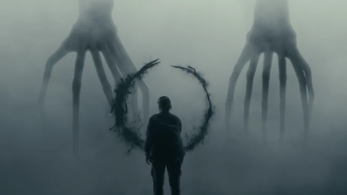 A woman in silhouette stands in front of a large black circle. Beyond are two large alien-like hands shrouded in smoke.
