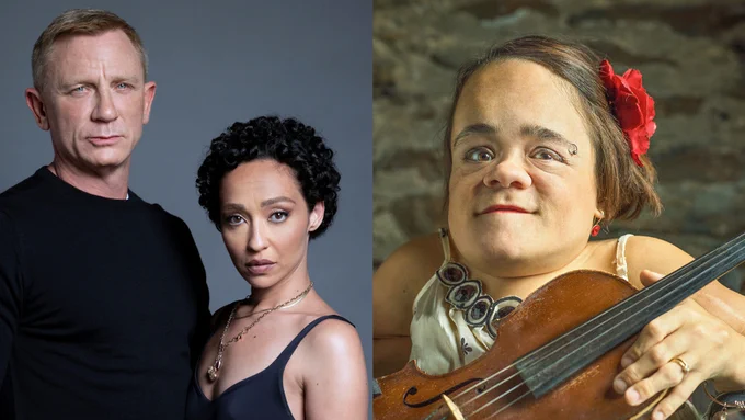 Diptych of photos: Daniel Craig with Ruth Negga portrait at left, Gaelynn Lea holding violin with flower in her hair at right