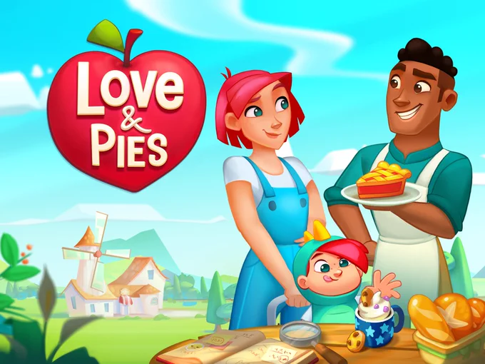 Love and pies logo on the left, Amelia, a red headed white woman and Kate, her kid, are standing by Joe, a black man who's holding a pie. Kate's reaching for a hot chocolate on the table and Joe and Amelia are smiling at each other