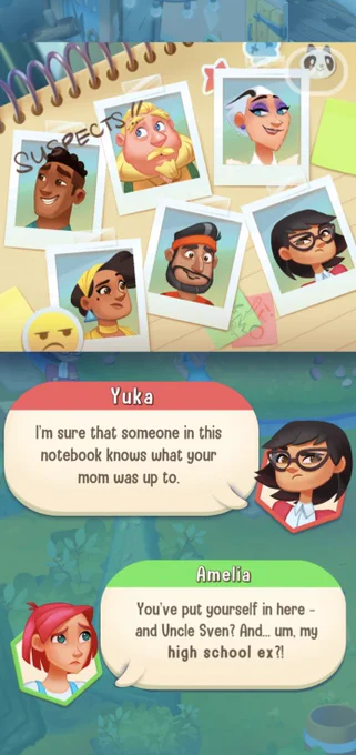 A suspect board in the midst of a conversation - Amelia's horrified that her best friend has put herself and Amelia's high school ex down as suspects