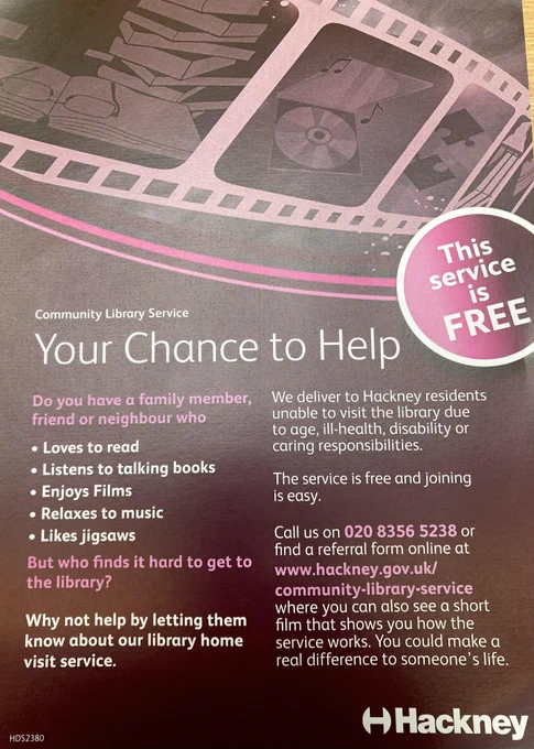 leaflet with information about Hackney Libraries housebound delivery service