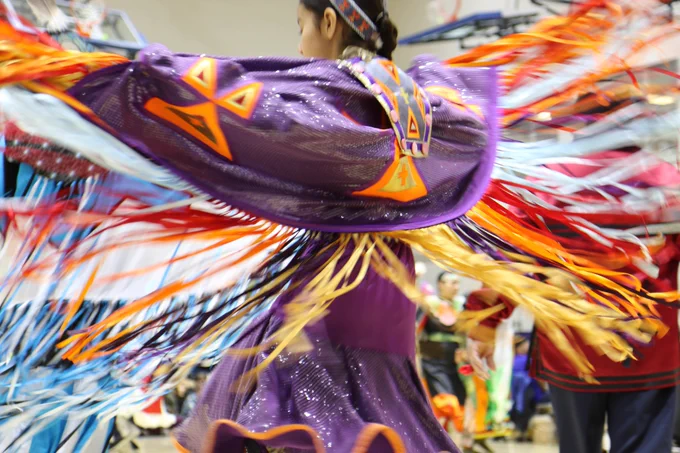 Photo shows an Indigenous dancer performing. 