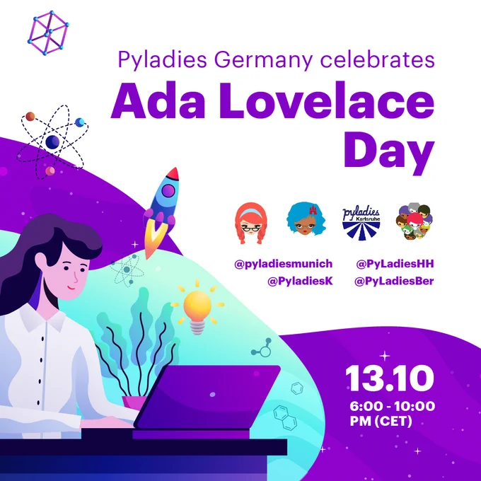Drawing with a woman typing on her computer, a rocket and pyladies Munich, Hamburg, Karlshure and Berlin logos announcing Ada Lovelace Day celebration on October 13th from 6 to 10h CET