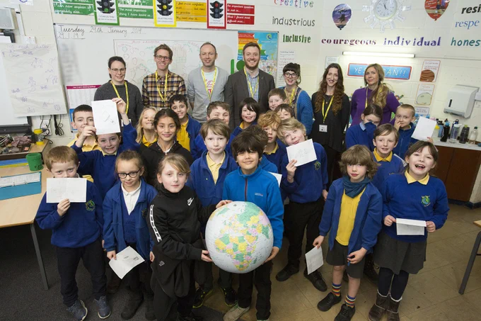 The creative team with children from Hotspur Primary School in Newcastle. Photo credit: Mark Savage