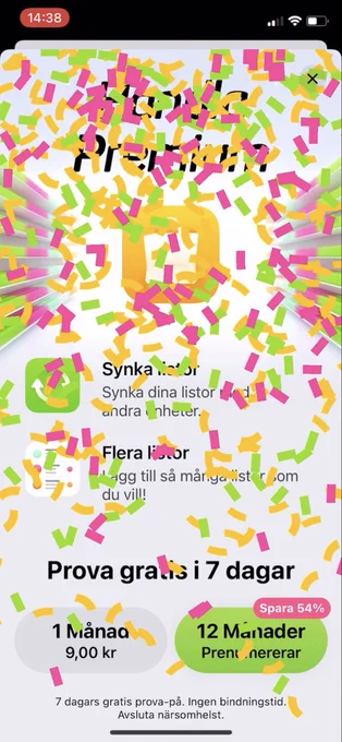 The purchase screen in the Handla app, covered in confetti after a subscription have been purchased.
