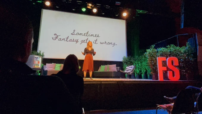 Gabi Matic, cofounder and director at Metta, presenting on stage at Fifteen Seconds 2021 festival in Graz, Austria