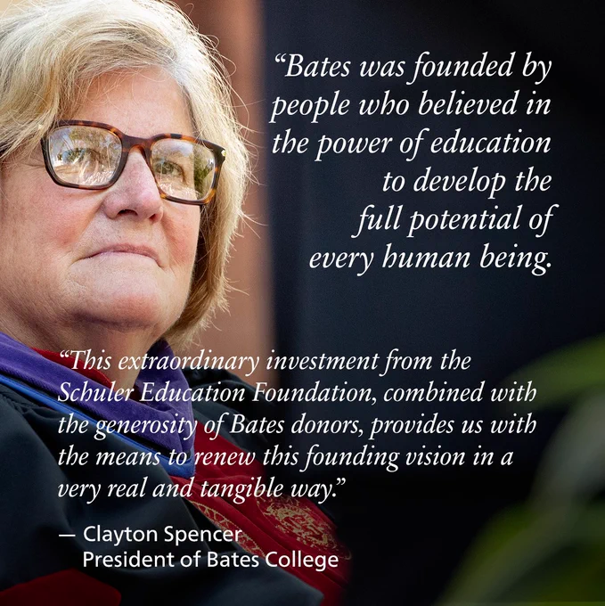 Bates President Clayton Spencer watches intently during Opening Convocation. Quote overlay, "Bates was founded by people who believed in the power of education to develop the full potential of every human being."