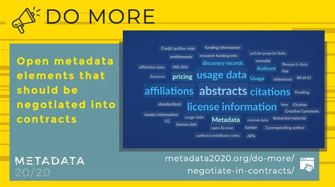 A screenshot of a tag cloud produced during the recent webinar about negotiating open metadata into contracts. The question: What elements of open metadata should be negotiated into contracts? The tag cloud results (from largest to smallest): citations, affiliations, abstracts, license information, usage data, pricing, metadata, authors, discovery records, usage, retracted material, and 27 more terms.