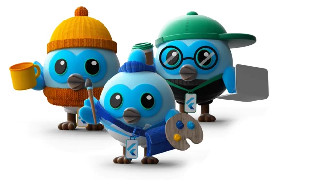 Animated image of three birds also known as Dash, the Flutter and Dart mascot, wearing different outfits. One as an artist, another as a gamer/coder, and the last as a hipster, on a white background. 
