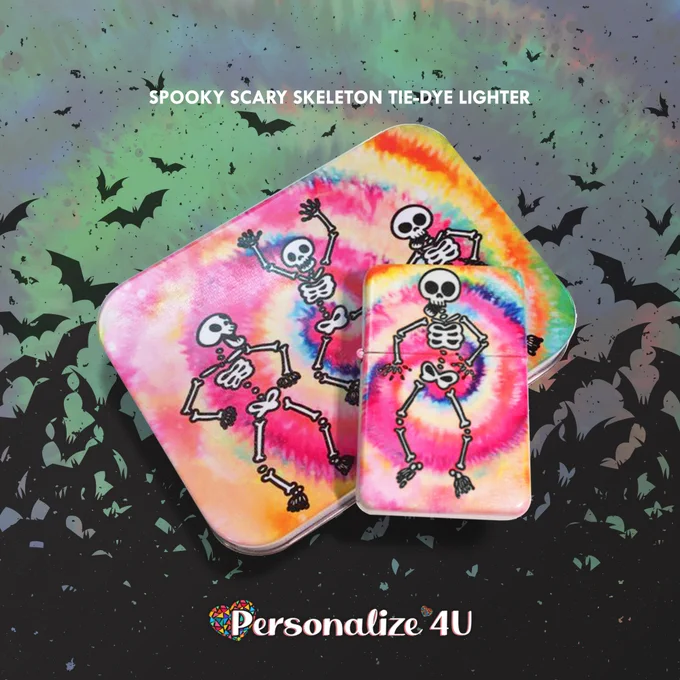 Spooky Scary Skeleton Tie-Dye Lighter, skeletons dancing over a tie-dye background.