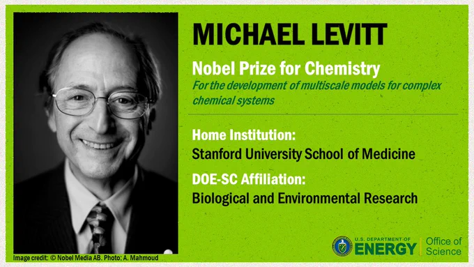 Photo of a white man in a tie; Text: Michael Levitt; Nobel Prize for Chemistry: For the development of multiscale models for complex chemical systems; Home institution: Stanford University School of Medicine; DOE-SC Affiliation: Biological and Environmental Research