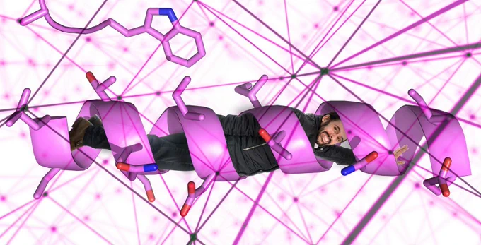 Bruno Correia happily flying in a helix...  Image courtesy of Swiss Institute of Bioinformatics (SIB); Photo and image design by Nicolas Righetti | Lundi13 (Geneva)