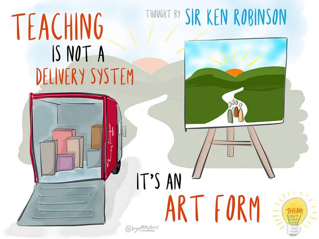 Text: Teaching is not a delivery system. Illustration: A truck filled with boxes. Text: It's an art form. Illustration: An easel with a painting of people in a field watching a sunset. Text: Thought by Sir Ken Robinson. 