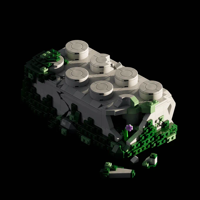 Representation of an overgrown concrete LEGO brick sculpture built using LEGO bricks.