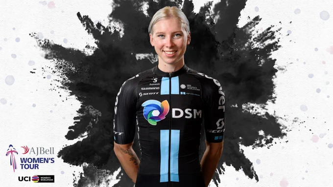 A photo of cyclist Wiebes with a large paint splat behind her on a plain background. She's smiling and looking at the camera.