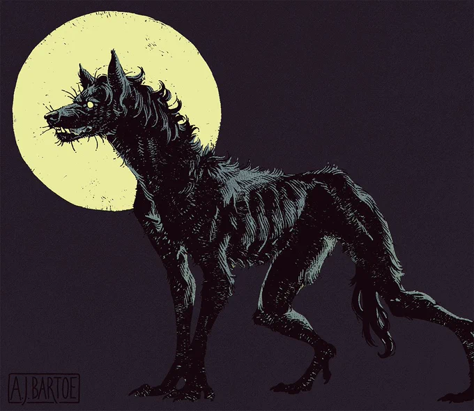 A digital illustration of a gaunt werewolf rendered in a faux pen and ink style. Its head is encircled by a yellow full moon.