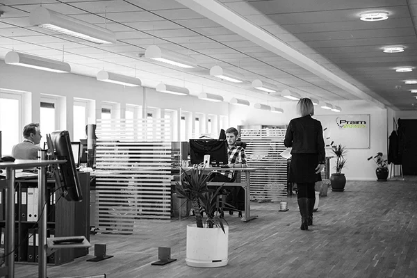 IT department in an office. People are working at their desks, managing thin clients centrally with Praim software.