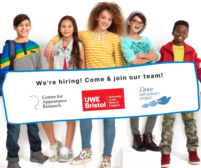 five young people of different ethnicities standing and smiling, with a white block across the middle of the image that contains the wording ‘We’re hiring! Come and Join our team!’. The box also includes three organisation’s logos: the Centre for Appearance Research, UWE Bristol and Dove Self-Esteem Project.