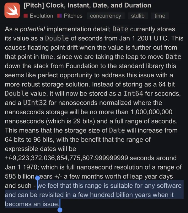 Screenshot from linked article. Highlighted text: "we feel that this range is suitable for any software and can be revisited in a few hundred billion years when it becomes an issue."