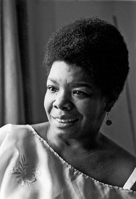 A black and white image of Maya Angelou.