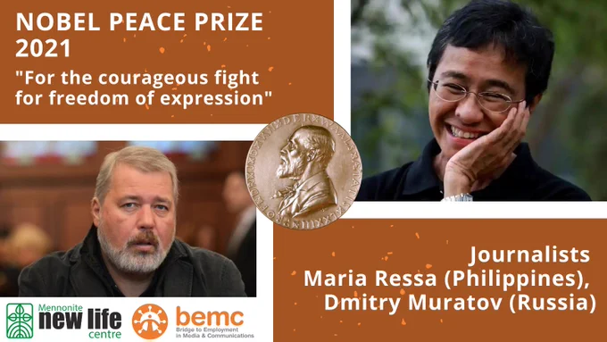 A photo of Dmitry Muratov in the bottom left and Maria Ressa in the top left with the Nobel Peace Prize Medallion in the middle. 