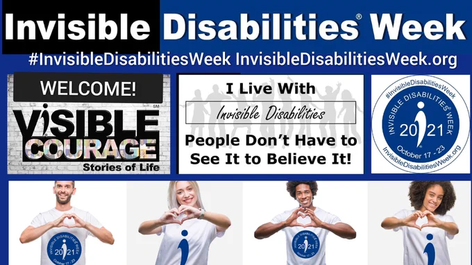 Blue and white meme. 4 people signing a heart to welcome people to the Invisible Disabilities Week. #InvisibleDisabilitiesWeek InvisibleDisabilitiesWeek.org