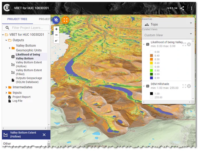 Valley Bottom Extraction Tool (VBET) viewed in WebRAVE (http://data.riverscapes.xyz).