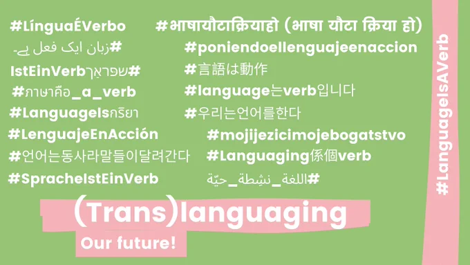 Poster displaying multilingual versions of the hashtag #LanguageIsAVerb, translanguaging our future.