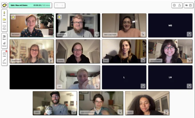 Screenshot von einem Videocall mit 15 Teilnehmenden