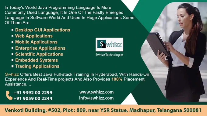 In Today's World Java Programming Language Is More Commonly Used Language, It Is One Of The Fastest  Emerged Language  In  Software World And Used In Huge Applications Some Of Them Are:

🠚Desktop GUI Applications
🠚Web Applications
🠚Mobile Applications
🠚Enterprise Applications
🠚Scientific Applications
🠚Embedded Systems 
🠚Trading Applications

Swhizz Offers Best Java Full-stack Training In Hyderabad, With Hands-On Experience And Real-Time projects And Also Provides 100% Placement Assistance....

To Know More Visit Us: https://www.swhizz.com/java-course/

#Java_Full_stack #Java_Training #Java_Course #Java_Training_In_Hyderabad #Java_Full_stack_Course_In_Hyderabad #java_Training_And_Placement #Java_Training_Certificate #Java_Developer_Training
#java_Training_For_Beginners #Java_Online_Course #java_Training_for_Freshers

