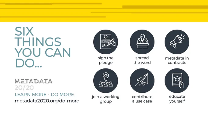 Six things you can do... sign the pledge, spread the word, metadata in contracts, join a working group, contribute a use case, educate yourself. LEARN MORE - DO MORE; metadata2020.org