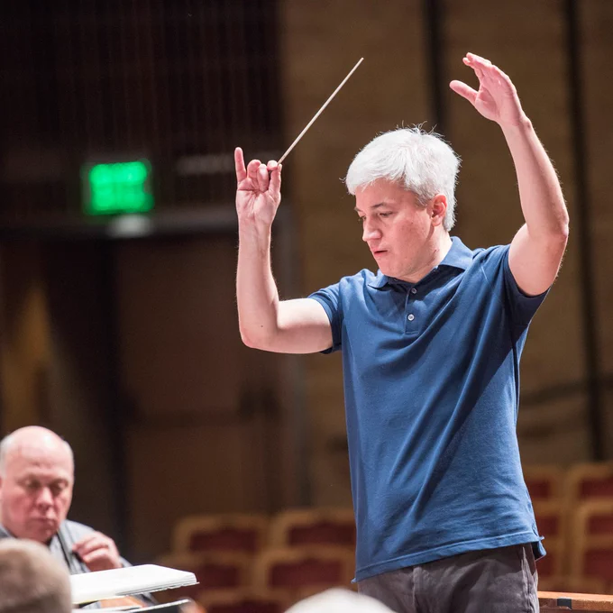 Boise Philharmonic Music Director, Eric Garcia, conducts the orchestra during a rehearsal in preparation for The Shape of Water. 